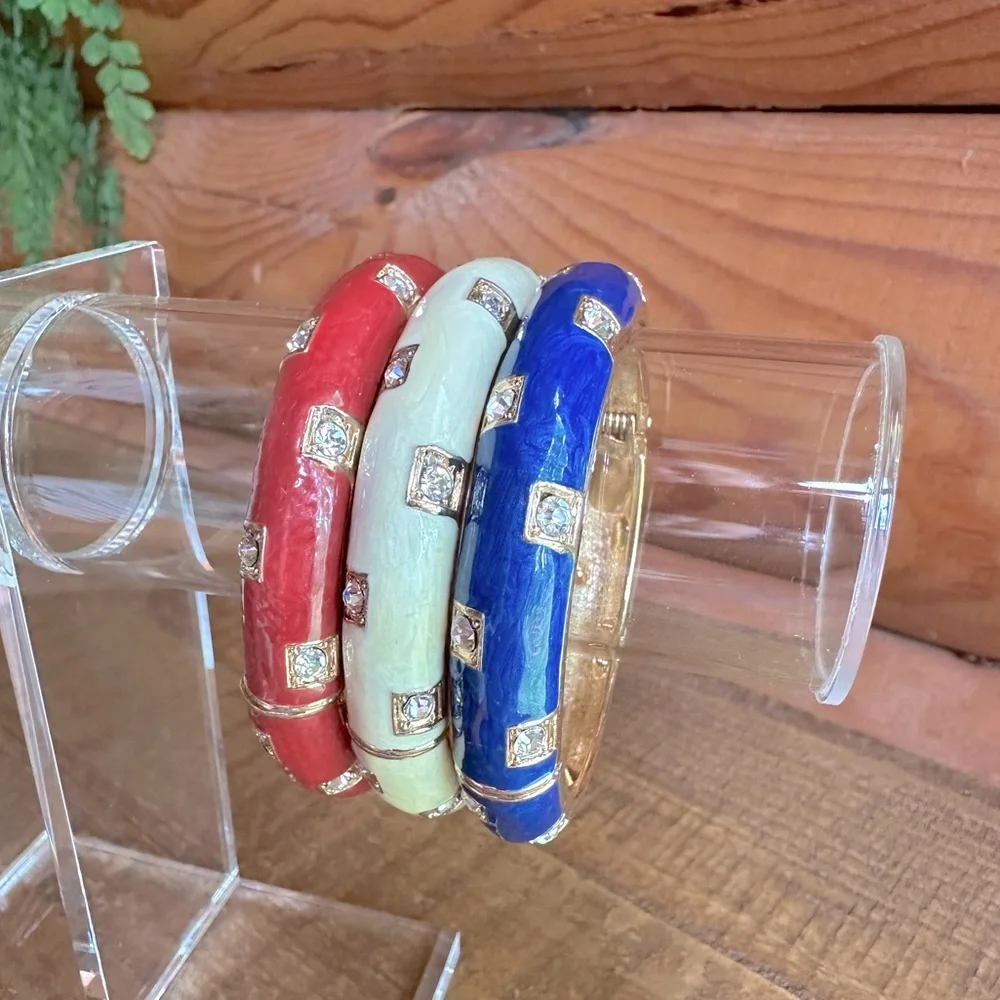 Set of 3 Red, White & Blue Enameled Bangles Hinged Patriotic Clamper Bracelet - Picture 13 of 15